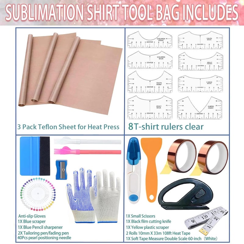 XEUZK Sublimation Shirts Tool Kits with 8 T Shirt rulers, 3Pack Teflon Sheet for Heat Press 12 x 16in, Heat Resistant Gloves with Silicone Bumps, 2 Rolls Heat Resistant Tape, 2Pcs Sublimation Pencil - Image 3